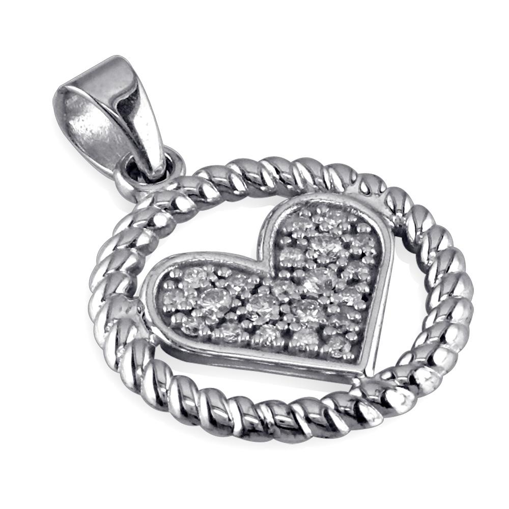 Diamond Heart and Rope Circle Pendant in 18k White Gold