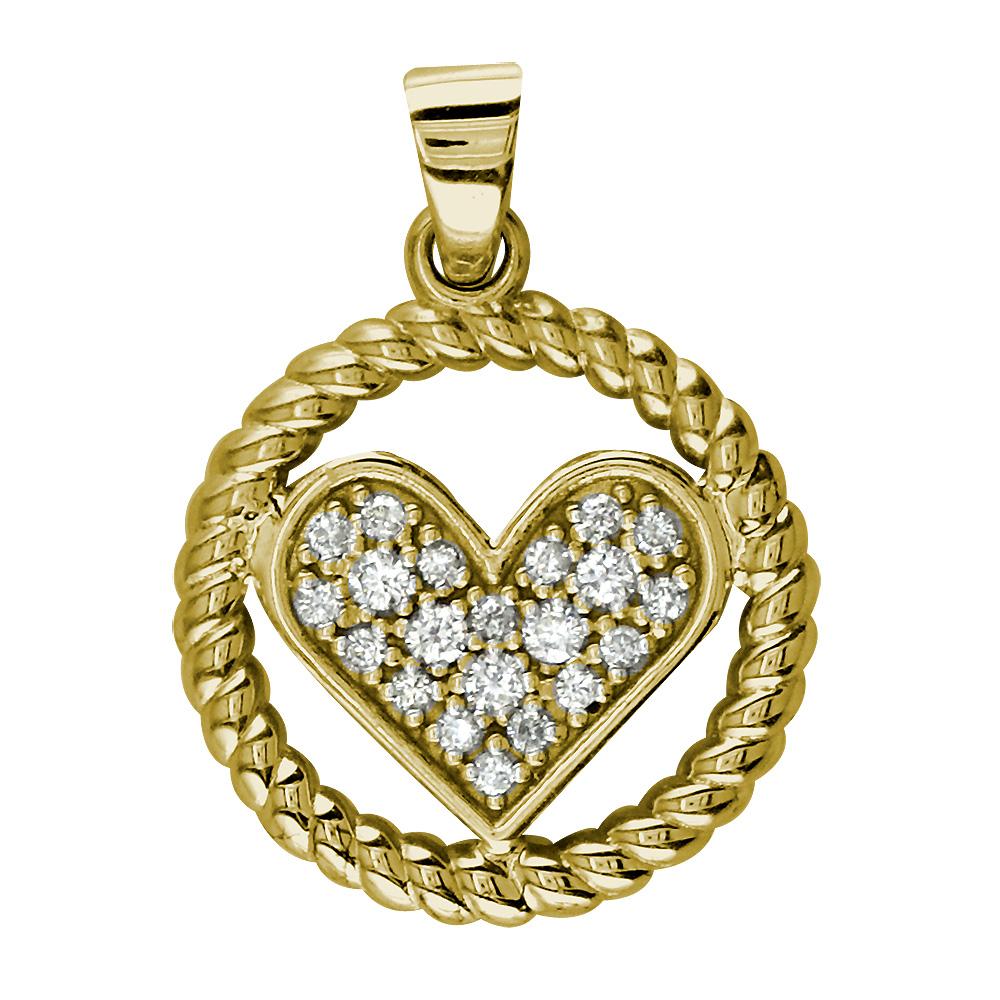 Cubic Zirconia Heart and Rope Circle Pendant in 14K Yellow Gold