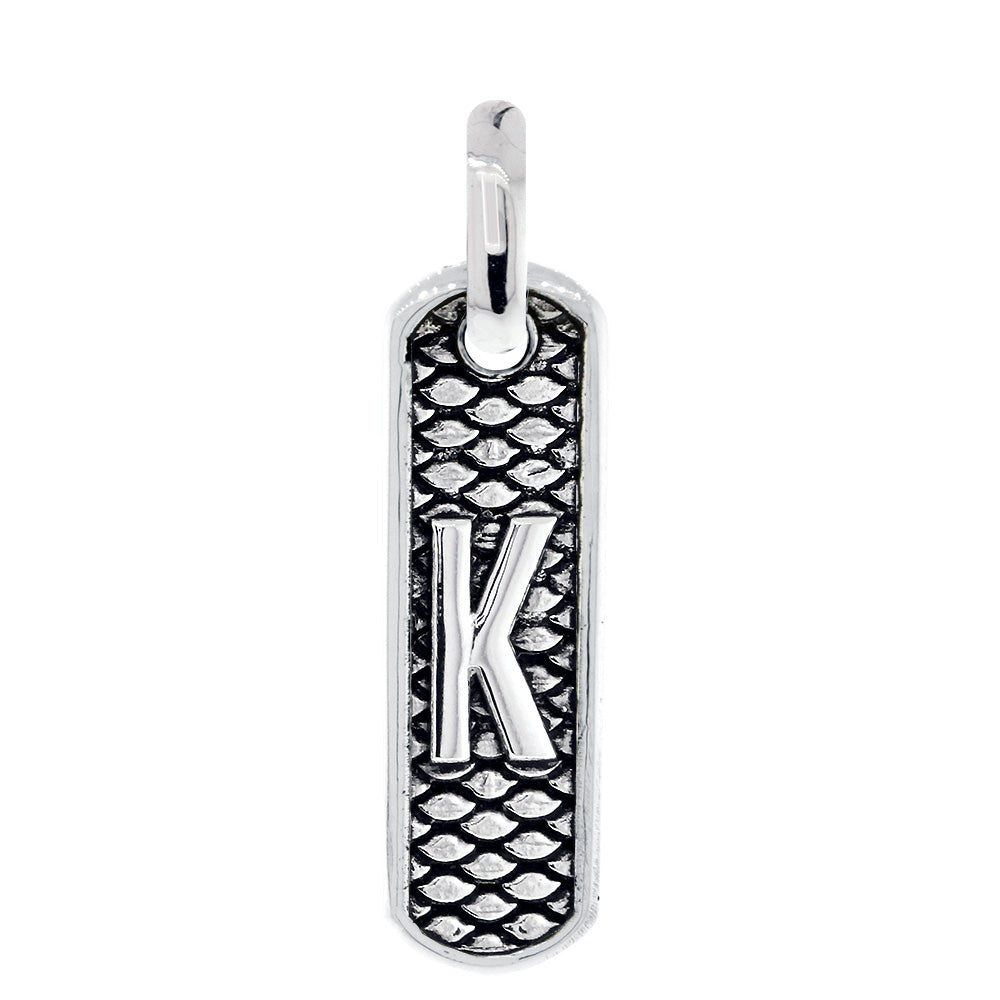 Slim Tag Charm with Initial and Python Texture, Shiny Back in Sterling Silver