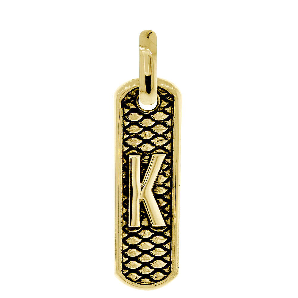 Slim Tag Charm with Initial and Python Texture, Shiny Back in 14k Yellow Gold