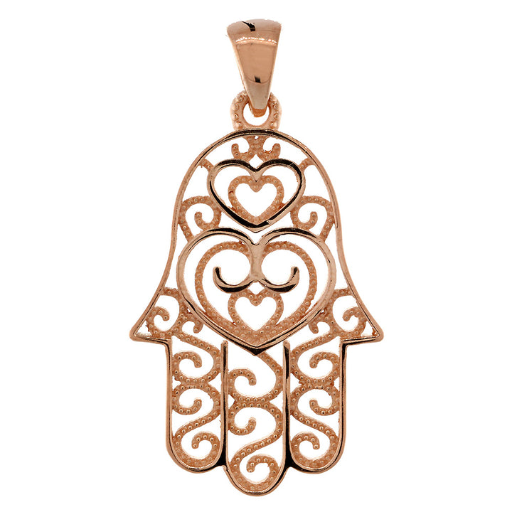 30mm Double-sided Vintage Hearts Hamsa, Hand of God Charm, 2 Levels in 14K Pink, Rose Gold