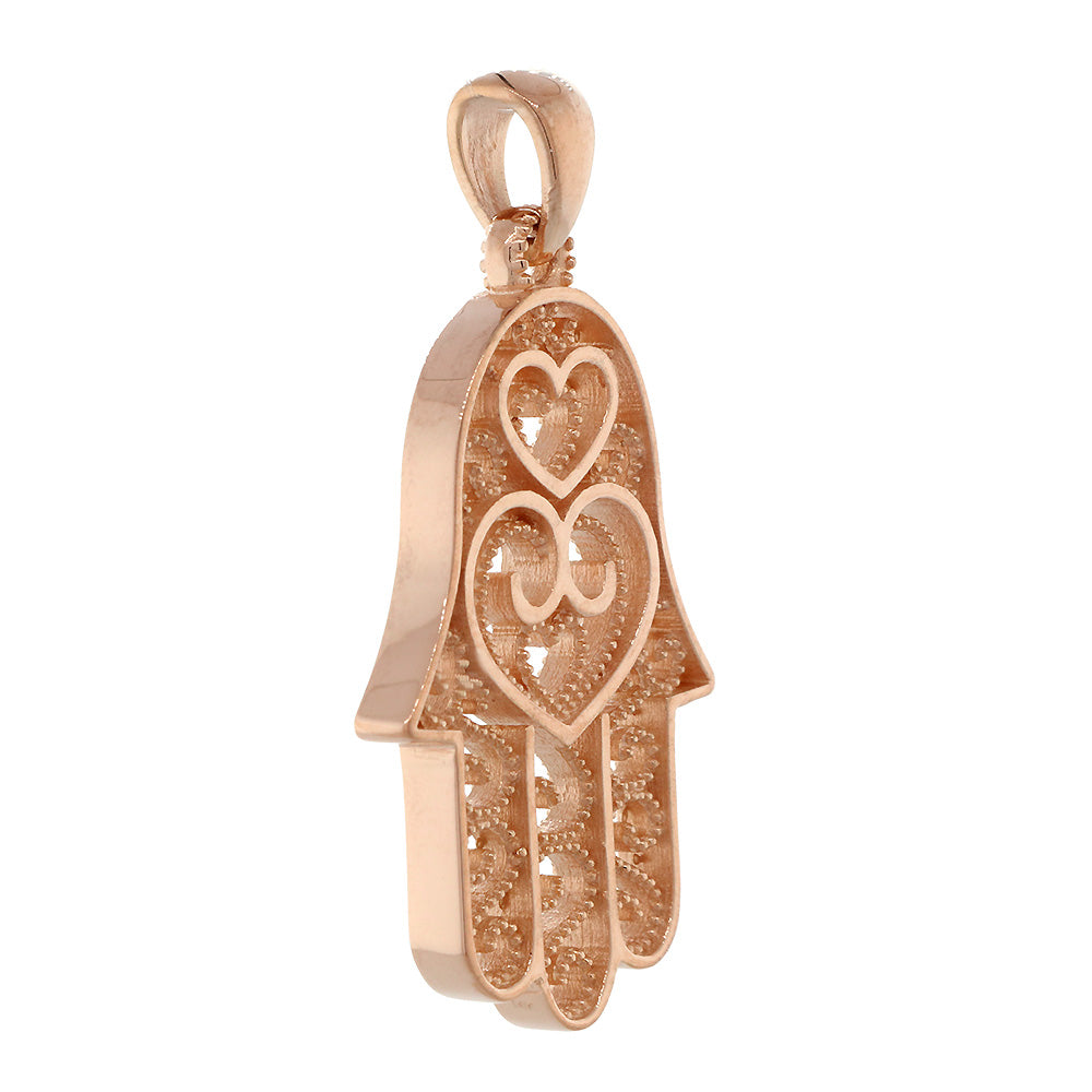 30mm Double-sided Vintage Hearts Hamsa, Hand of God Charm, 2 Levels in 14K Pink, Rose Gold