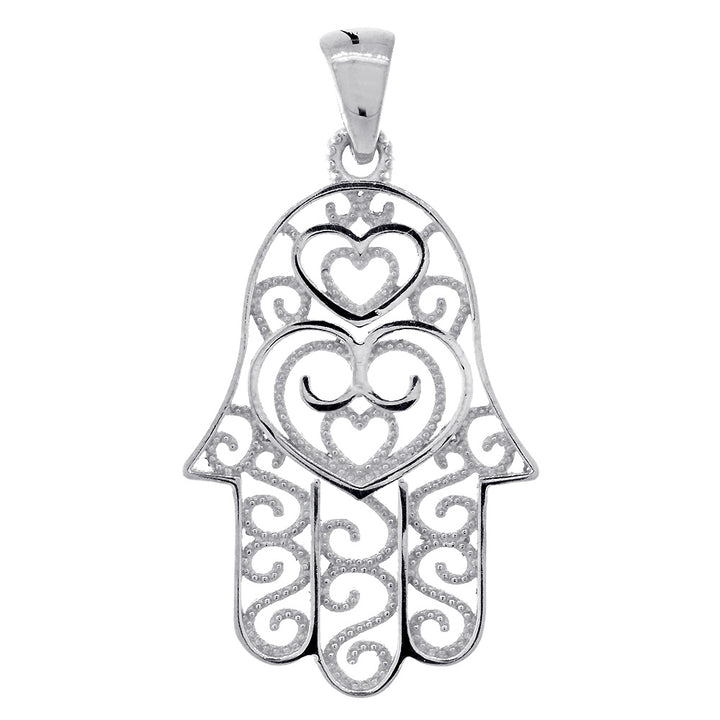 30mm Double-sided Vintage Hearts Hamsa, Hand of God Charm, 2 Levels in 14K White Gold