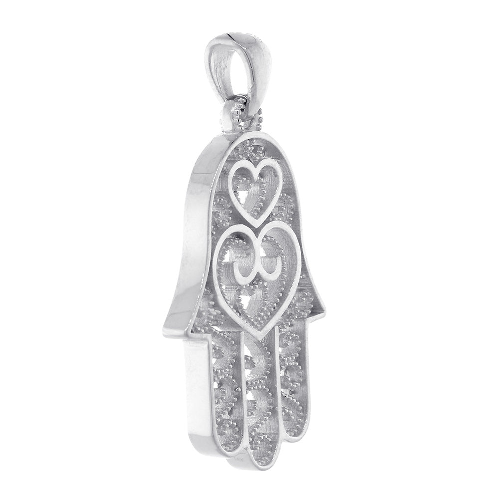 30mm Double-sided Vintage Hearts Hamsa, Hand of God Charm, 2 Levels in 14K White Gold