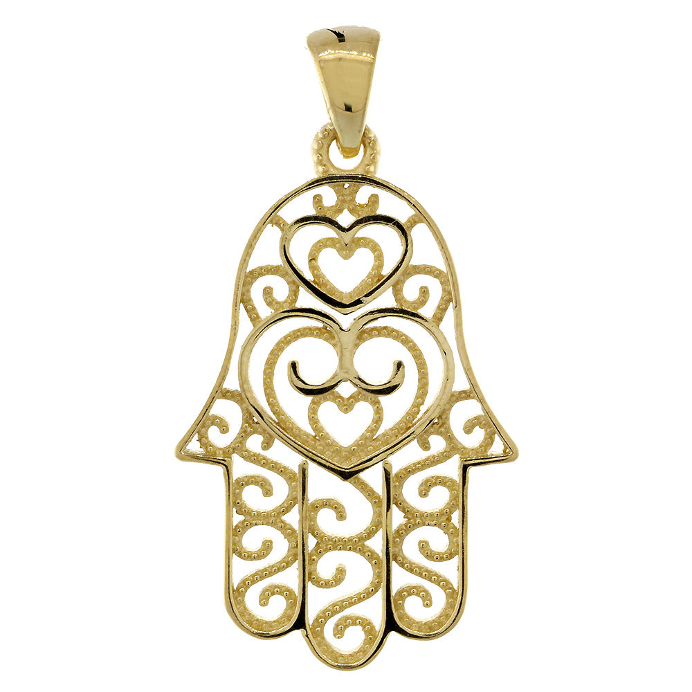 30mm Double-sided Vintage Hearts Hamsa, Hand of God Charm, 2 Levels in 14K Yellow Gold