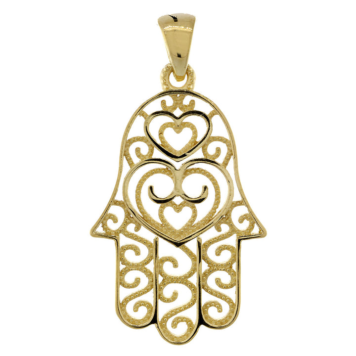 30mm Double-sided Vintage Hearts Hamsa, Hand of God Charm, 2 Levels in 18K Yellow Gold