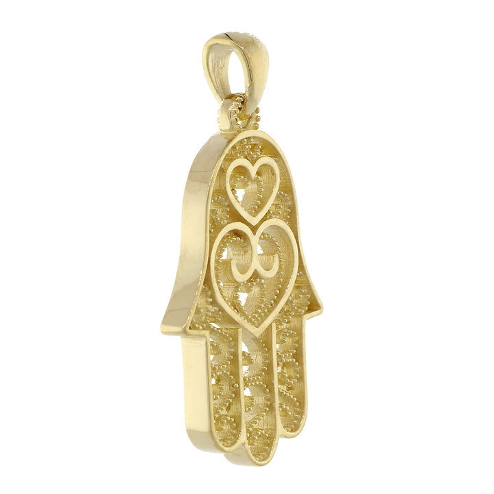 30mm Double-sided Vintage Hearts Hamsa, Hand of God Charm, 2 Levels in 18K Yellow Gold