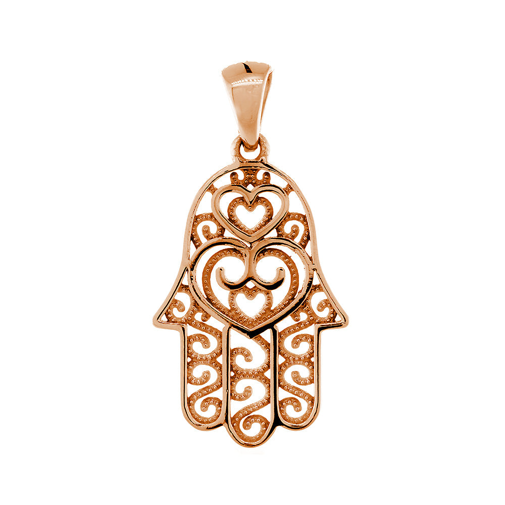 25mm Double-sided Vintage Hearts Hamsa, Hand of God Charm, 2 Levels in 14K Pink, Rose Gold