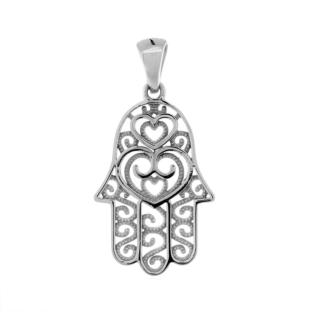 25mm Double-sided Vintage Hearts Hamsa, Hand of God Charm, 2 Levels in 14K White Gold