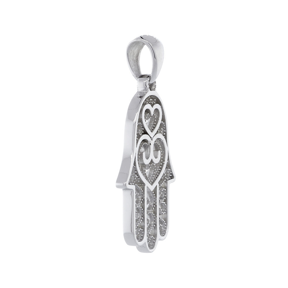 25mm Double-sided Vintage Hearts Hamsa, Hand of God Charm, 2 Levels in 14K White Gold