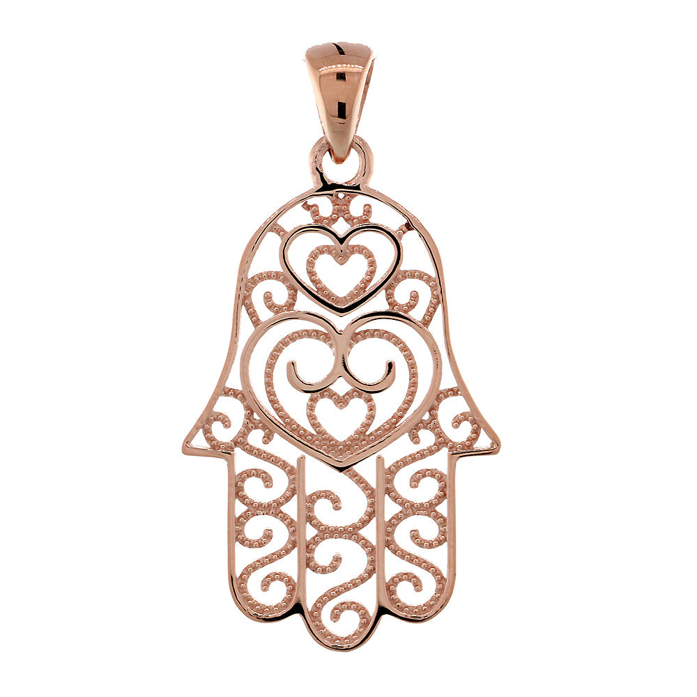 Thin Double-sided Vintage Hearts Hamsa, Hand of God Charm, 2 Levels in 14K Pink, Rose Gold