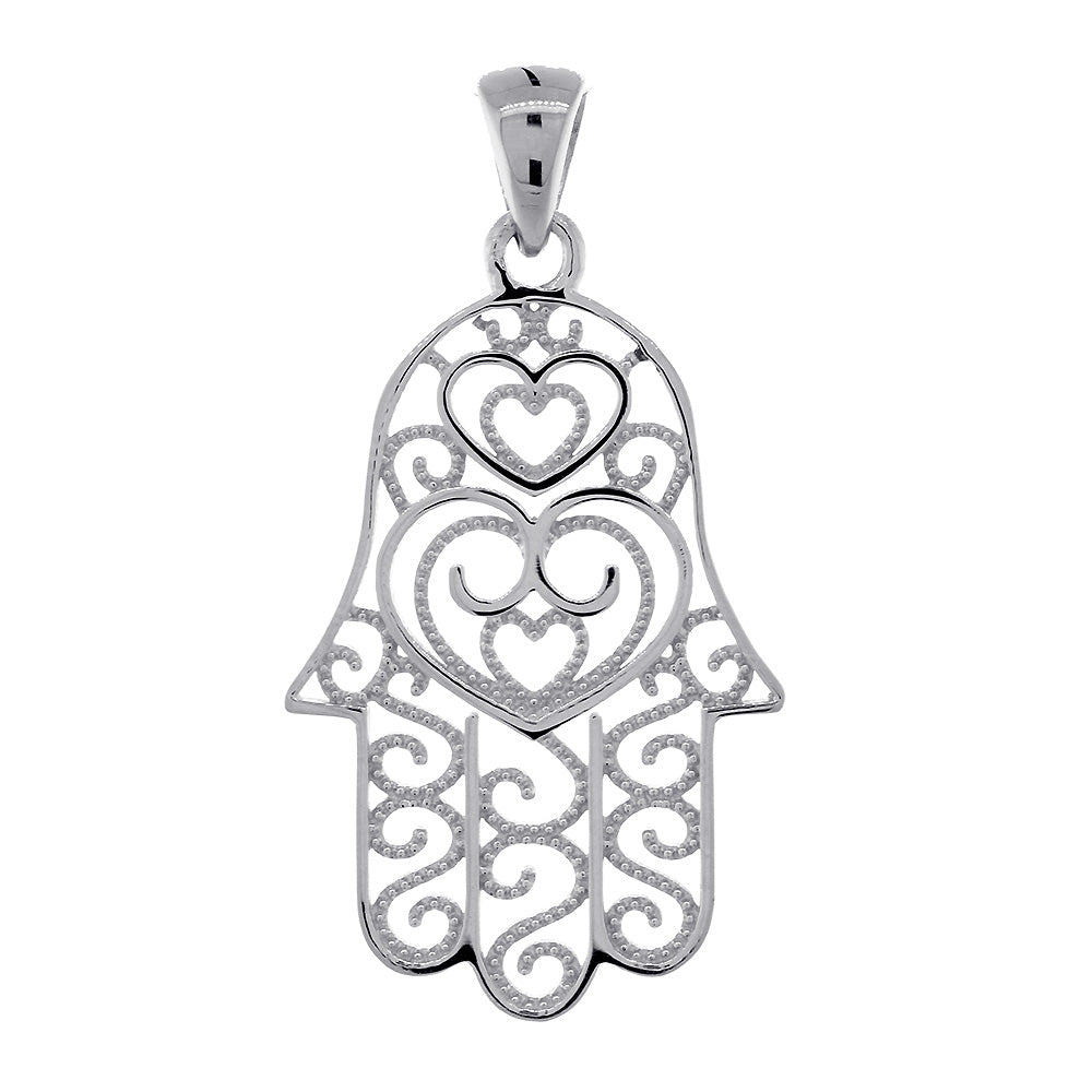 30mm Thin Double-sided Vintage Hearts Hamsa, Hand of God Charm, 2 Levels in 14K White Gold