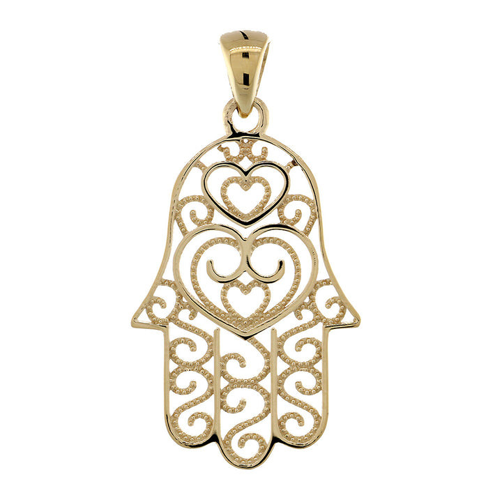 30mm Thin Double-sided Vintage Hearts Hamsa, Hand of God Charm, 2 Levels in 18K Yellow Gold