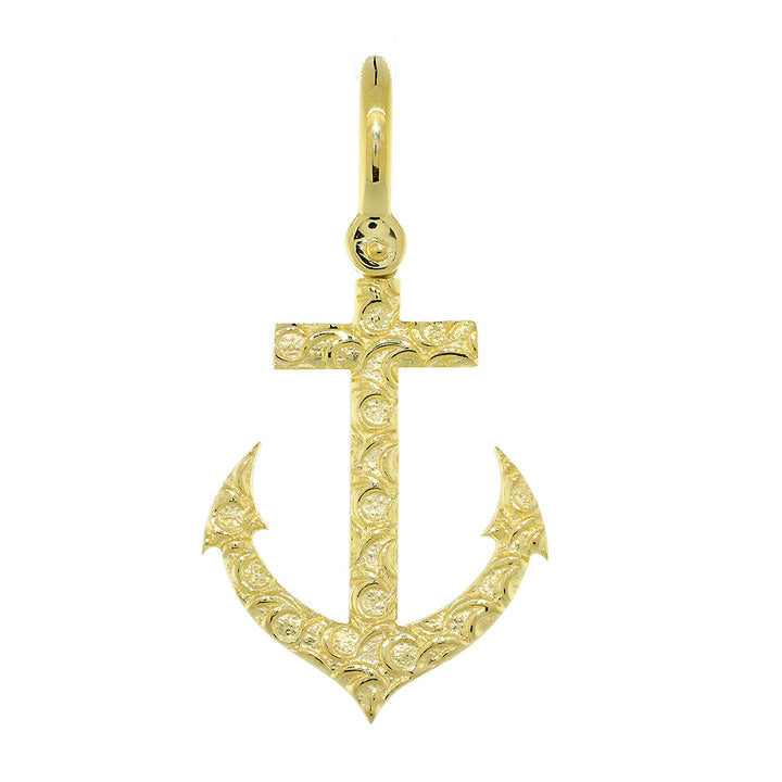 30mm Diamond Anchor Pendant with Wave Pattern, 0.78CT in 14k Yellow Gold
