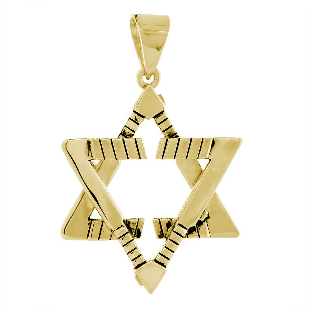 Extra Large Jewish Star of David Goalie Hockey Sticks Charm with Black in 18K Yellow Gold