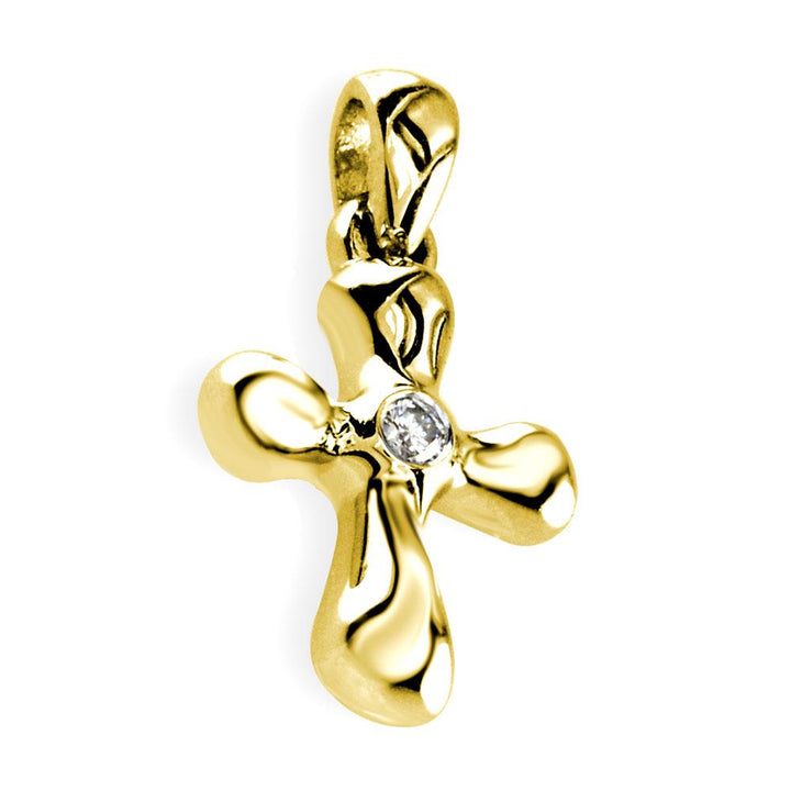 Small Free Form 3D Diamond Cross Charm, 13mm in 14K Yellow Gold