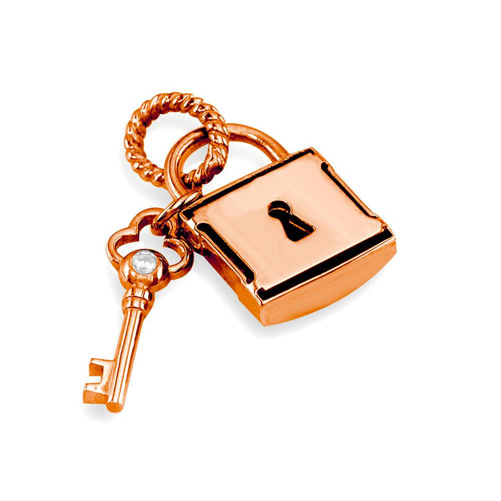 Diamond Lock and Key Charm, Hollow Lock in 18k Pink, Rose Gold