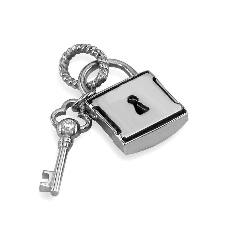 Diamond Lock and Key Charm, Hollow Lock in 14K White Gold