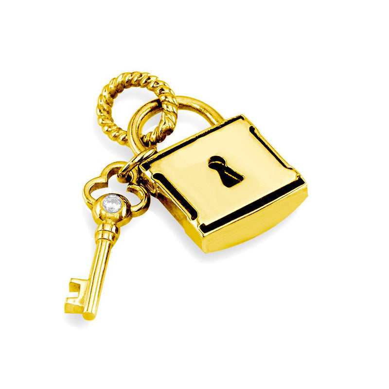 Lock and Key Charm, Hollow Lock with Cubic Zirconias in 14K Yellow Gold