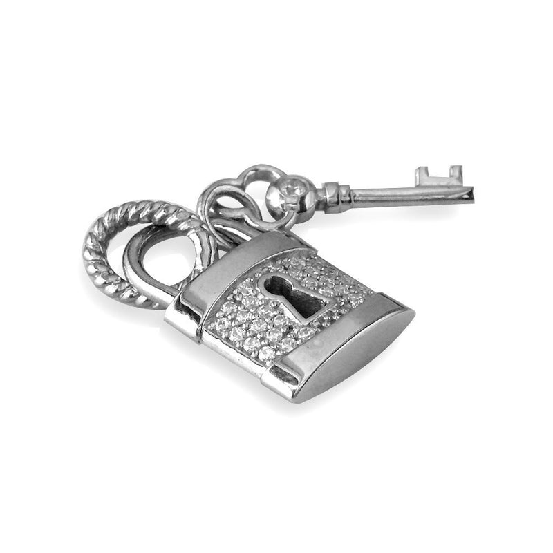 Lock and Key Charm, Hollow Lock with Cubic Zirconias in Sterling Silver