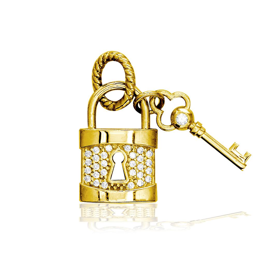 Diamond Lock and Key Charm, Hollow Lock in 18k Yellow Gold