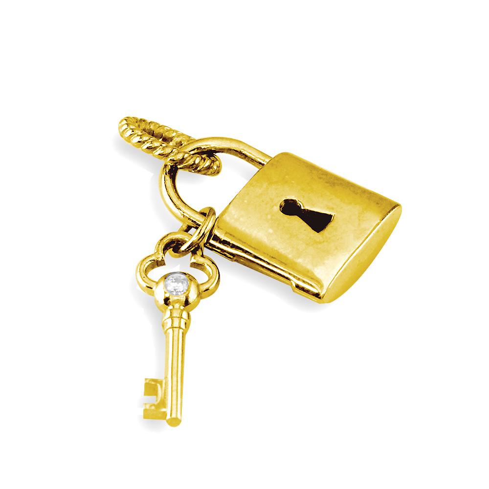 Diamond Lock and Key Charm, Solid Lock in 14K Yellow Gold