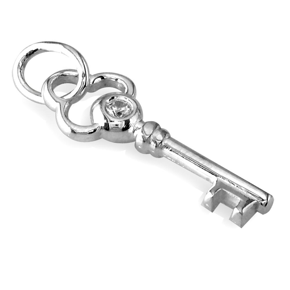 Small Key Charm with Cubic Zirconias in 14K White Gold