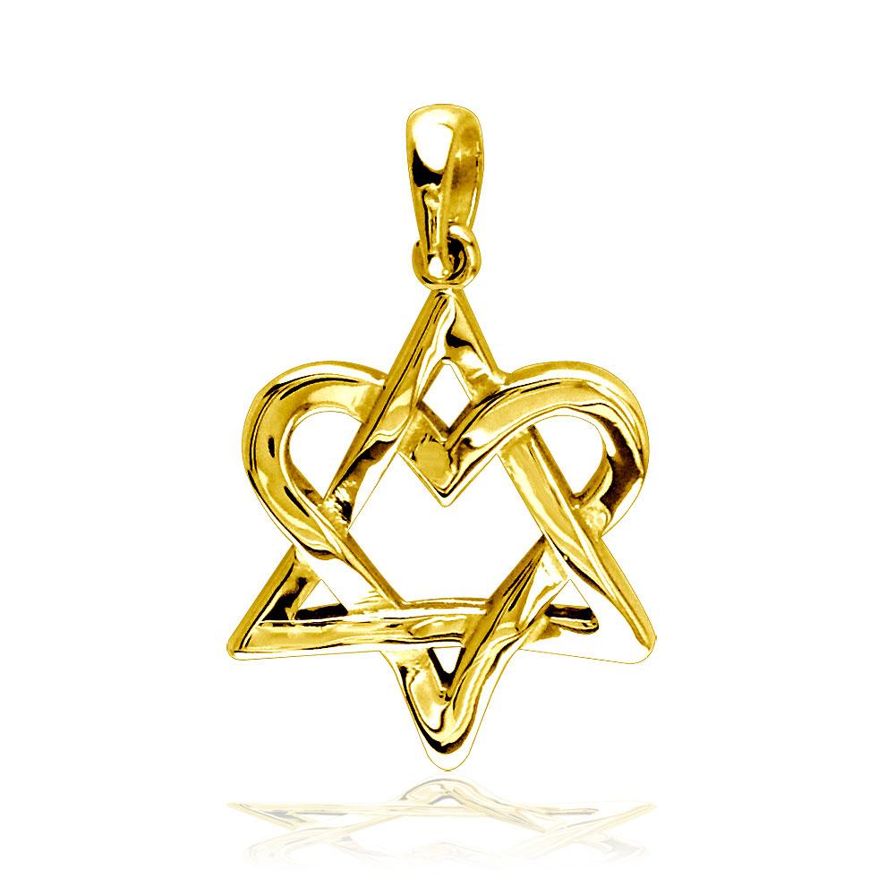 Small Heart Star Of David, Jewish Star Charm, 17mm in 18K yellow gold