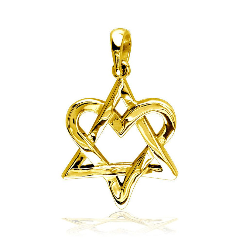 Small Heart Star Of David, Jewish Star Charm, 17mm in 14K Yellow Gold