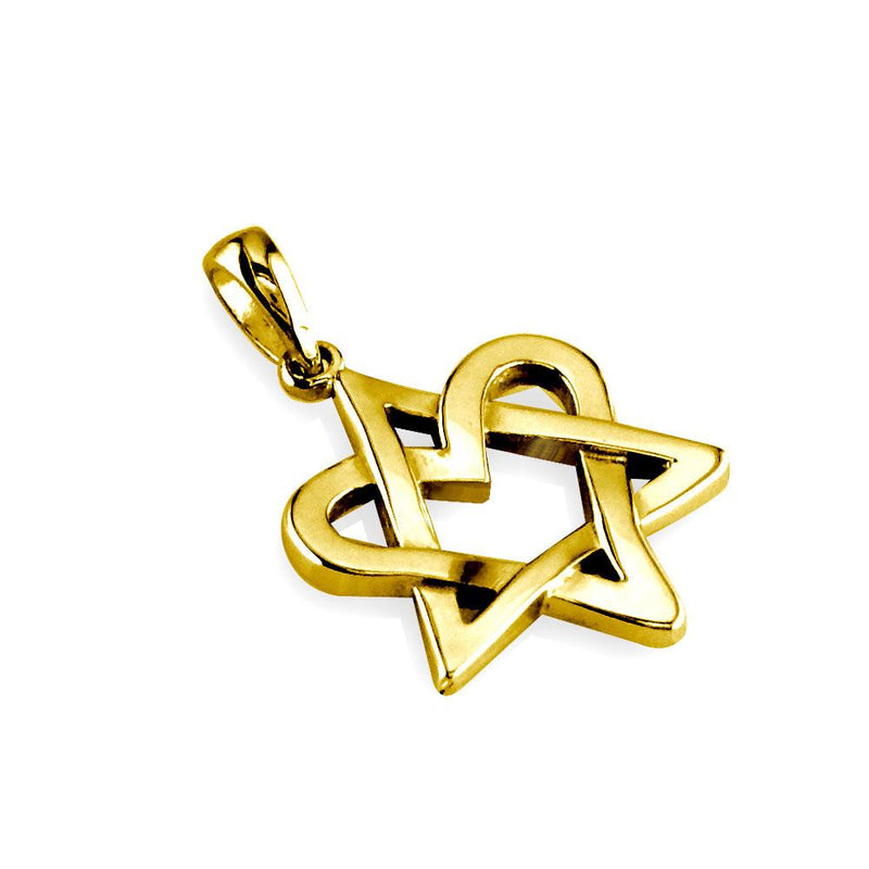 Small Heart Star Of David, Jewish Star Charm, 17mm in 14K Yellow Gold