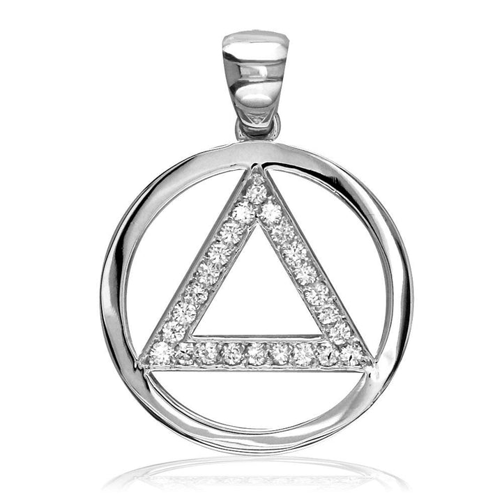 Cubic Zirconia AA Alcoholics Anonymous Sobriety Pendant in 14K White Gold