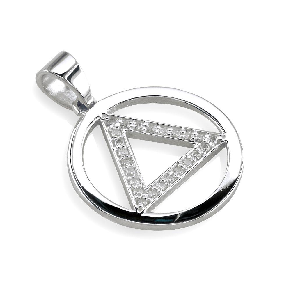 Cubic Zirconia AA Alcoholics Anonymous Sobriety Pendant in 14K White Gold