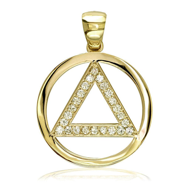 Cubic Zirconia AA Alcoholics Anonymous Sobriety Pendant in 14K Yellow Gold