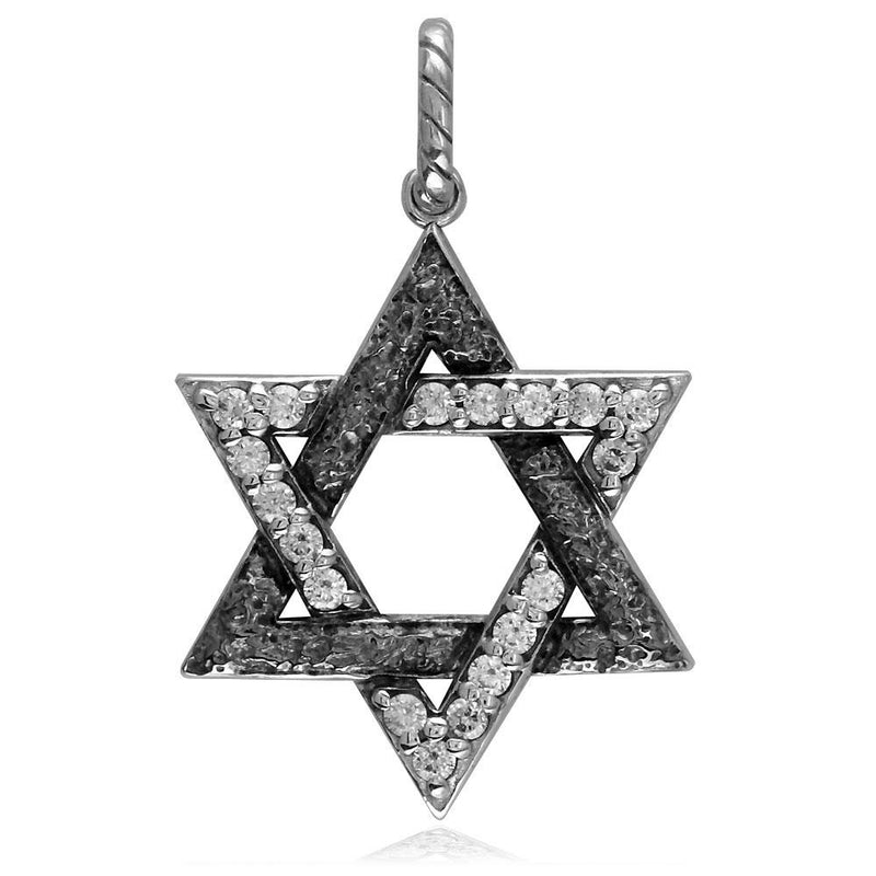 Large Jewish Star of David Charm with Cubic Zirconias and Black Stone Design in Sterling Silver