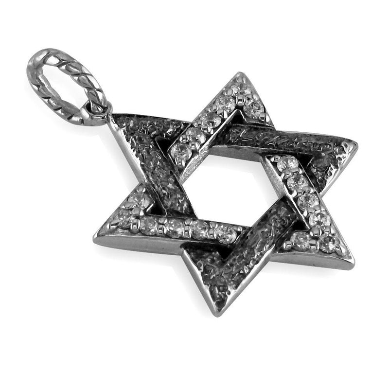Large Jewish Star of David Charm with Cubic Zirconias and Black Stone Design in Sterling Silver