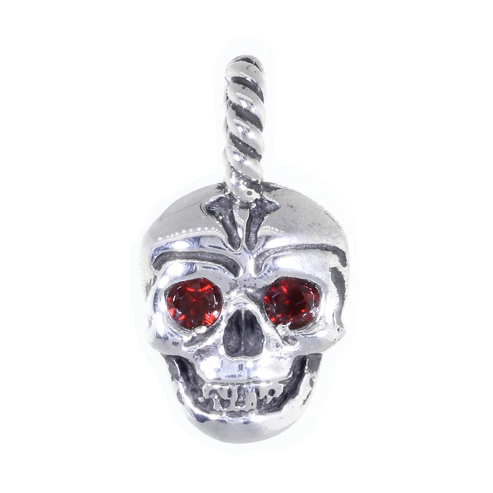 Solid Skull Charm with Red Orange Garnet Eyes, 14mm in Sterling Silver