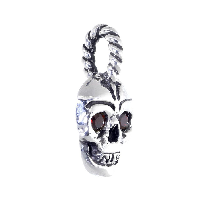 Solid Skull Charm with Red Orange Garnet Eyes, 14mm in Sterling Silver