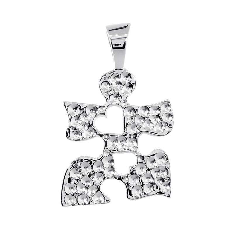 Autism Awareness Puzzle Piece Charm with 2 Open Hearts in Sterling Silver, 20mm