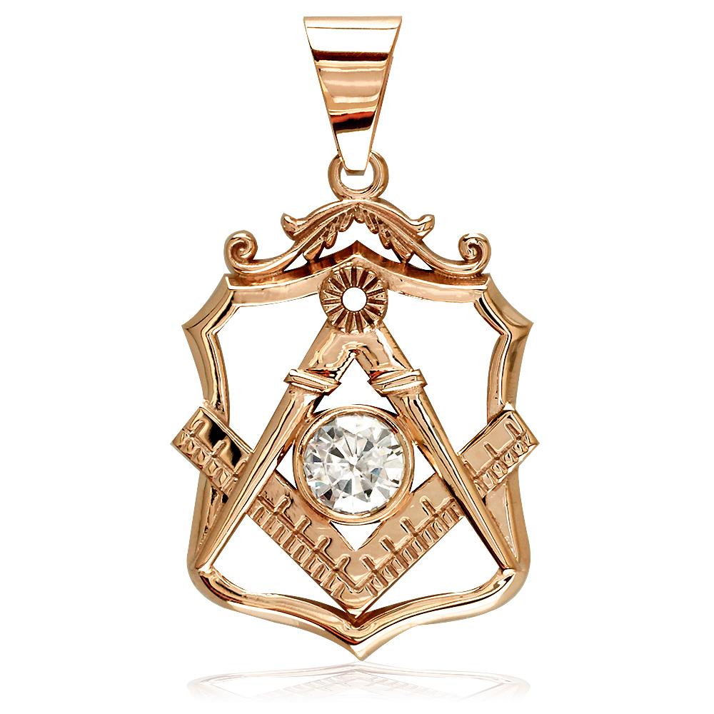 Large Masonic Charm with a Cubic Zirconia in 14K Pink, Rose Gold