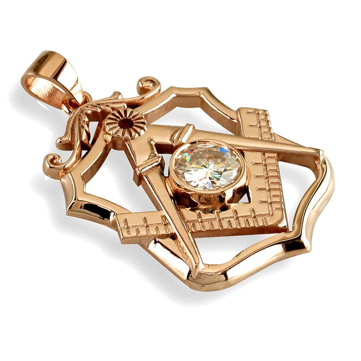Large Masonic Charm with a Cubic Zirconia in 14K Pink, Rose Gold