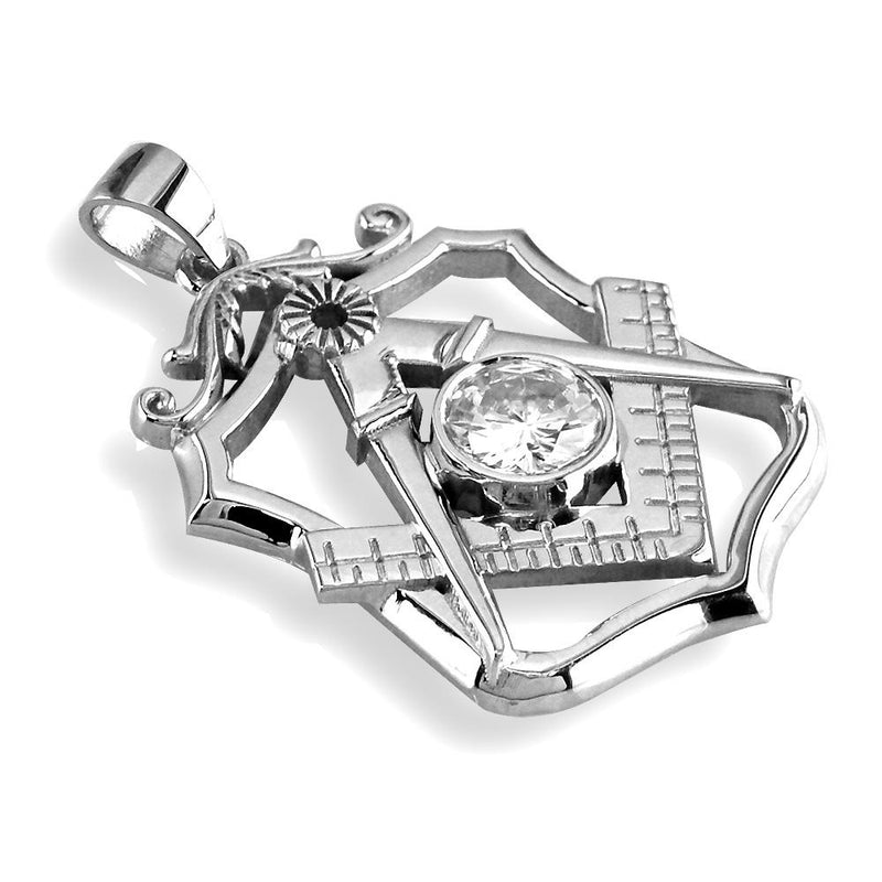 Large Masonic Charm with a Cubic Zirconia in 14K White Gold