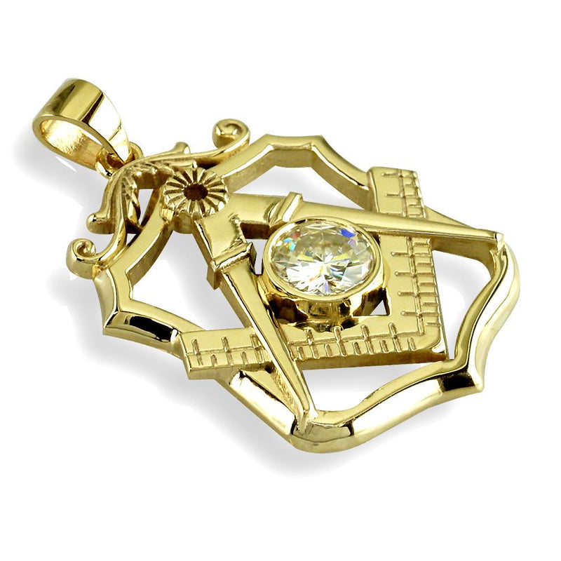 Large Masonic Charm with a Cubic Zirconia in 14K Yellow Gold
