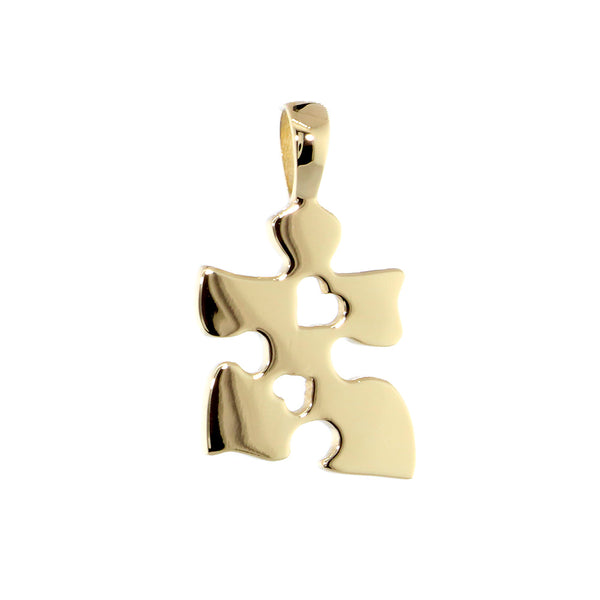 Small Autism Awareness Puzzle Piece Charm with 2 Open Hearts in 14K Yellow Gold, 15mm