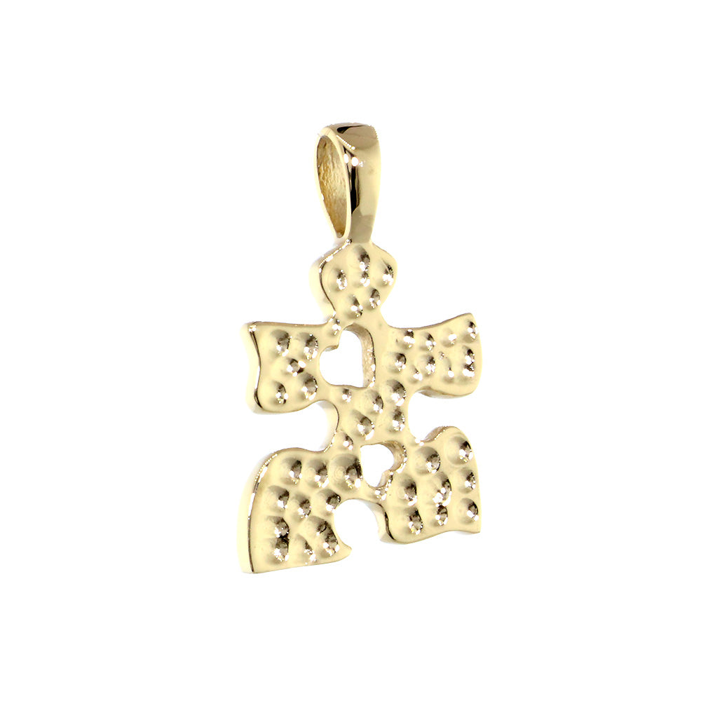 Small Autism Awareness Puzzle Piece Charm with 2 Open Hearts in 14K Yellow Gold, 15mm