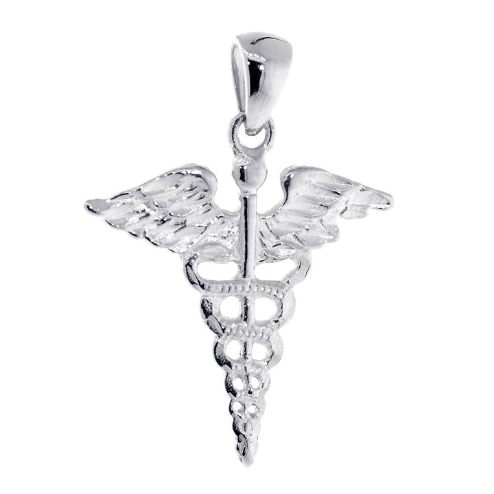 Large Lightweight Caduceus, Karykeion, Staff of Hermes, Mercury Medical Charm in 18K White Gold