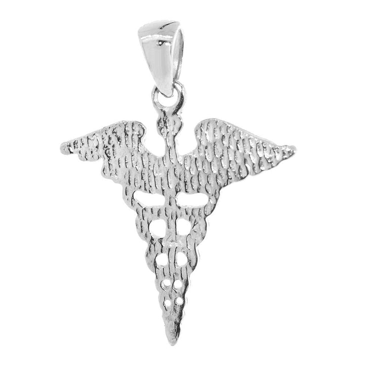 Large Lightweight Caduceus, Karykeion, Staff of Hermes, Mercury Medical Charm in 14K White Gold