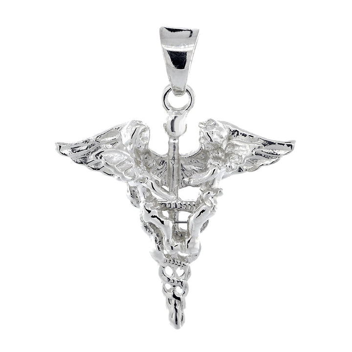27mm Lightweight Caduceus with 2 Angels, Karykeion, Staff of Hermes, Mercury Medical Charm in Sterling Silver