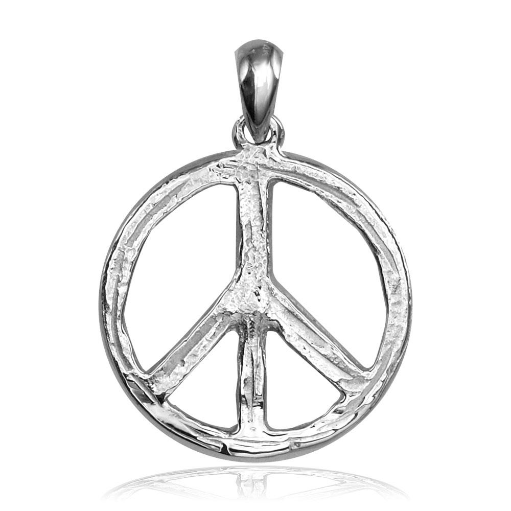 Carved Rough Design Peace Sign Charm in 14K White Gold