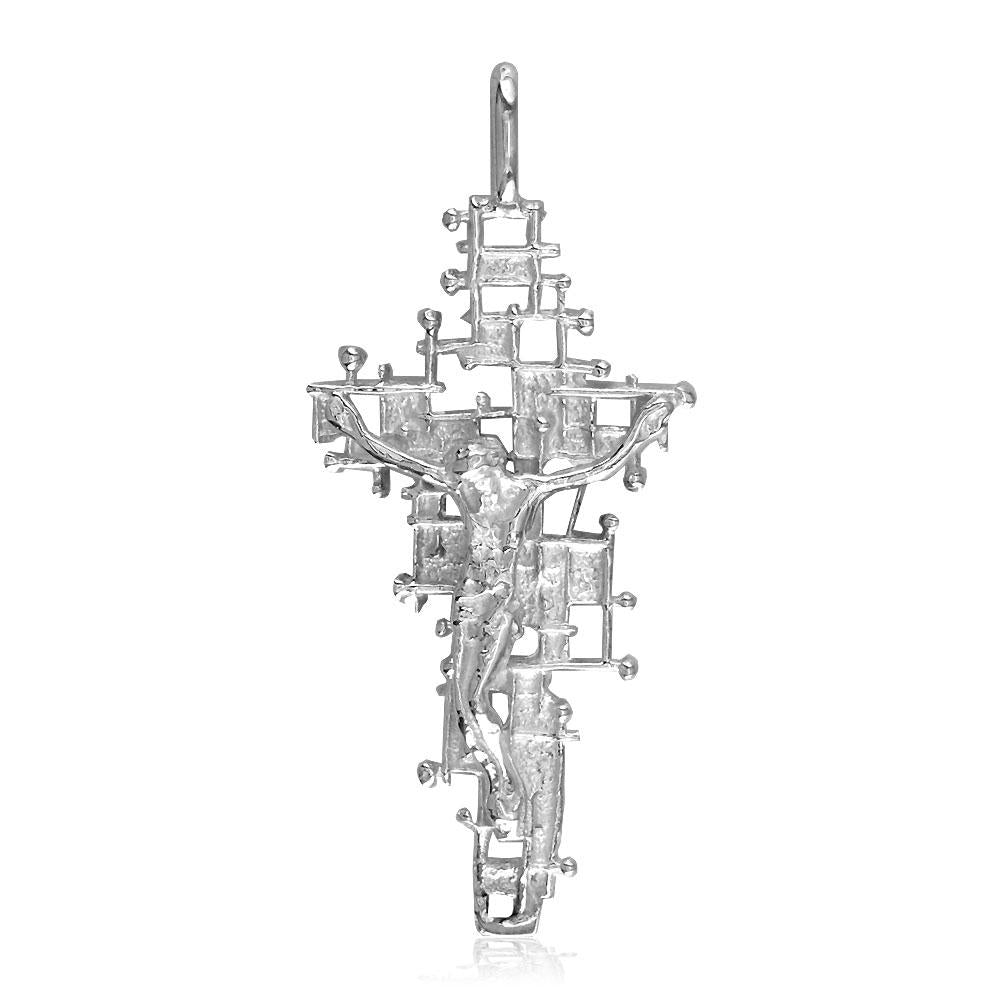 Crucifix Charm with Detailed Nails Mesh Cross, 40mm in 14K White Gold