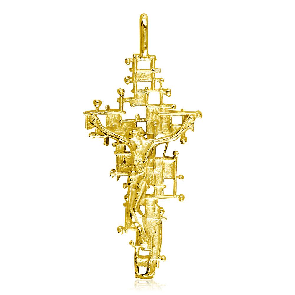 Crucifix Charm with Detailed Nails Mesh Cross, 40mm in 18K yellow gold